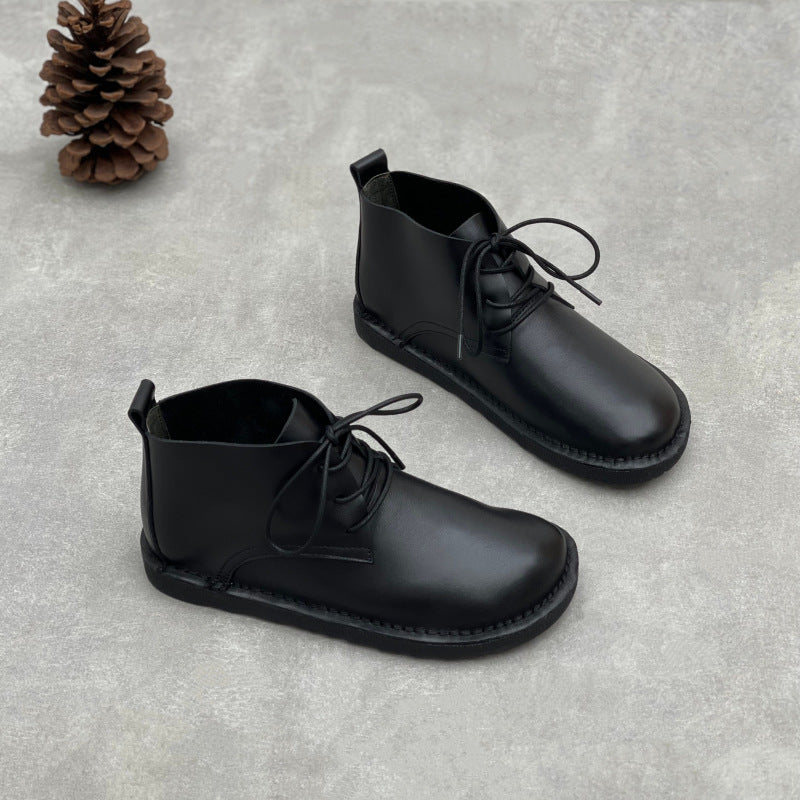 Women's First Layer Cowhide Artistic Crafts Matte Genuine Round Toe Flat Women's Leather Boots