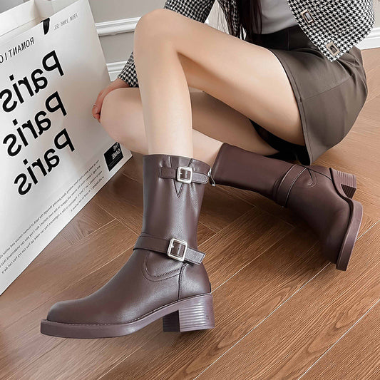 Women's Western Cowboy Brown Martin Tube Chunky Knight Women's Leather Boots