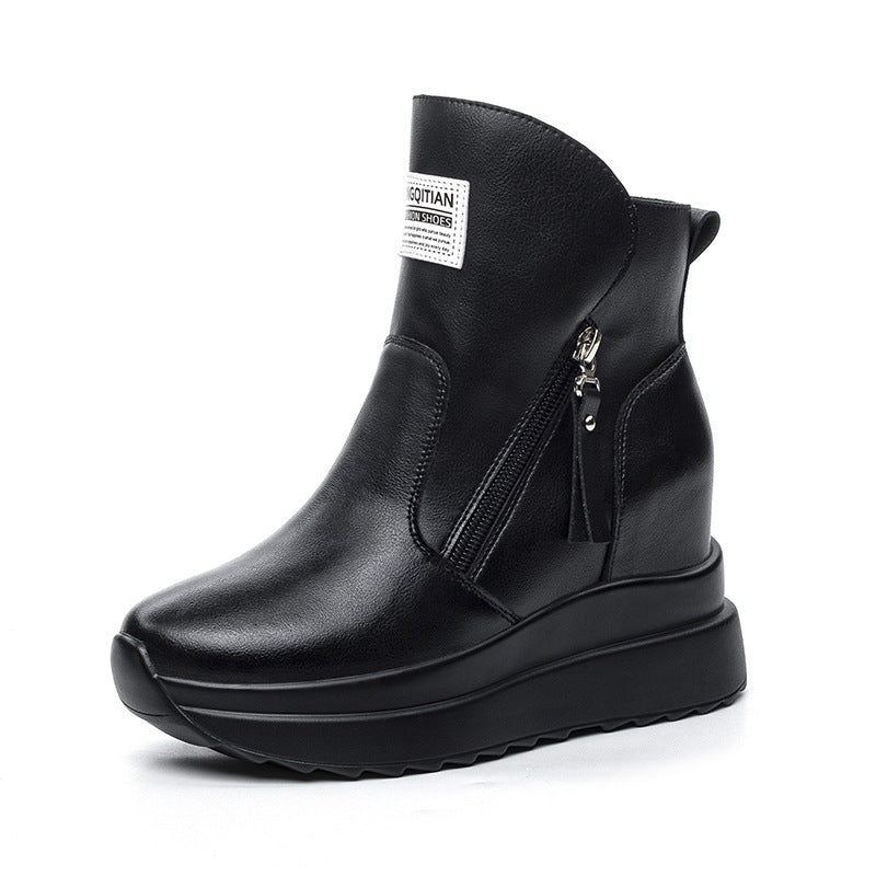 Women's Increasing Insole Flat Platform High Wedge Women's Leather Boots