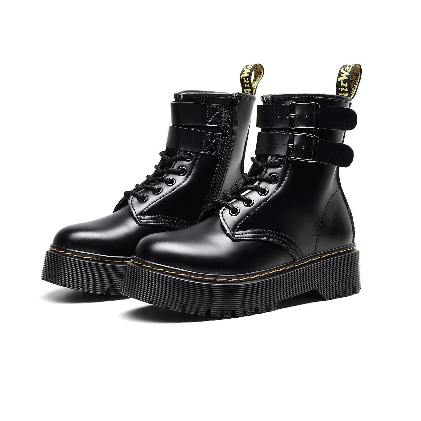 Women's Double Buckle Thick Bottom Martin Side Zipper Hasp Ankle Women's Leather Boots
