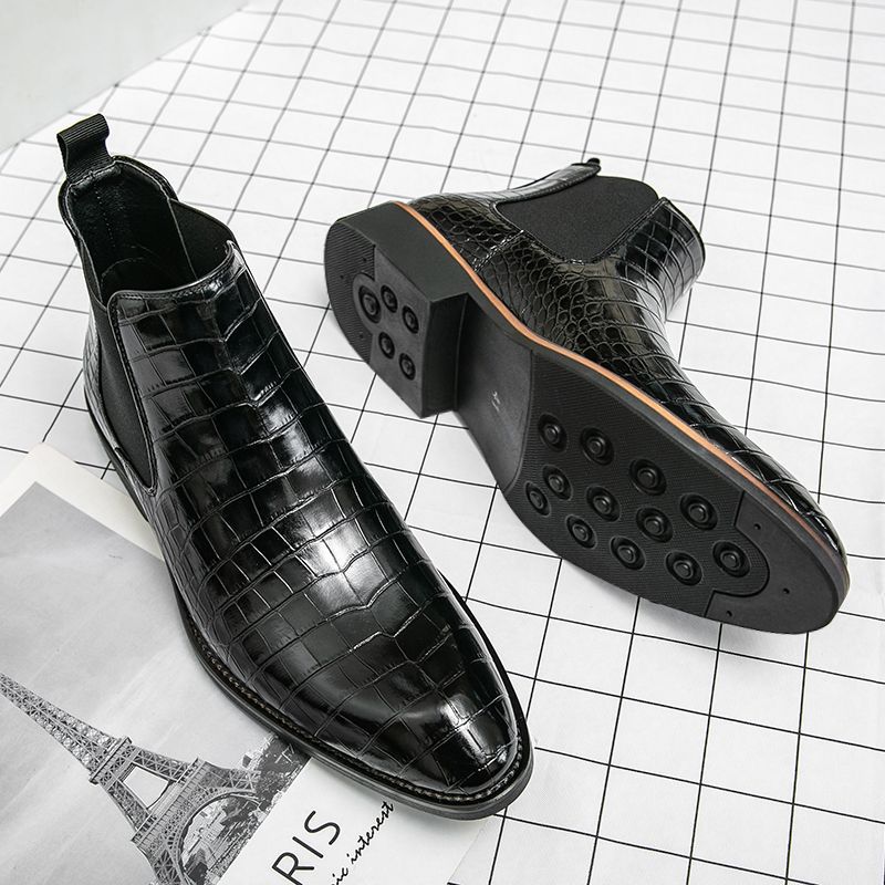Men's Chelsea Pointed British Crocodile Pattern Ankle Fleece-lined Boots
