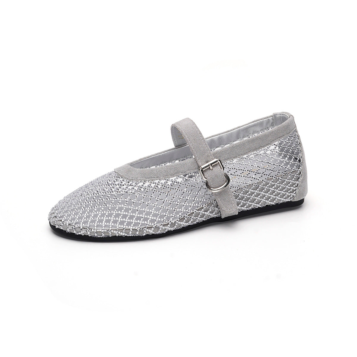 Women's Increasing Insole Rhinestone Mesh Flat Strap Mary Sandals