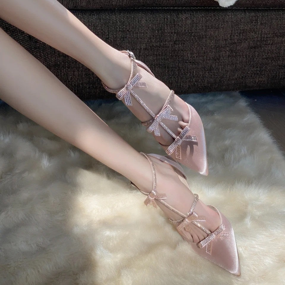 Women's Satin Rhinestone Bowknot Closed Toe Roman High Heeled Sandals