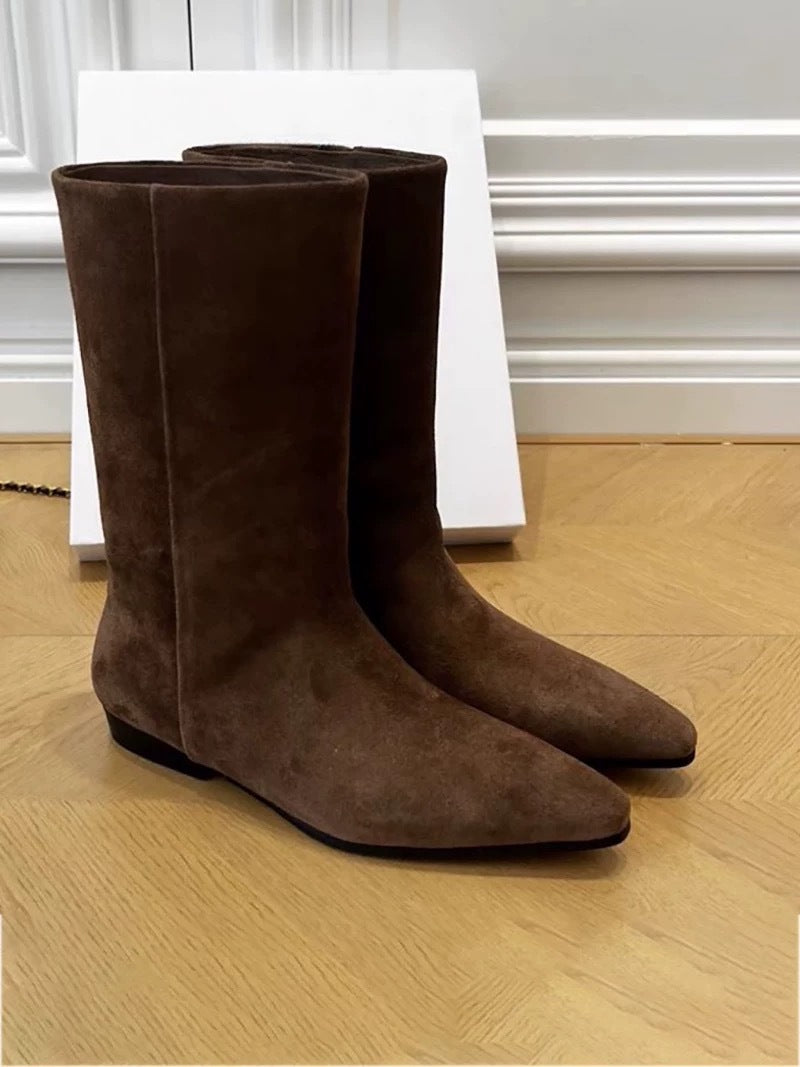 Women's Sheepskin Version Minimalist Pointed Flat Western Cowboy For Women's Leather Boots