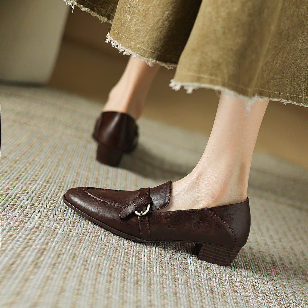 Women's Chunky French Round Toe Vintage Pumps Heels