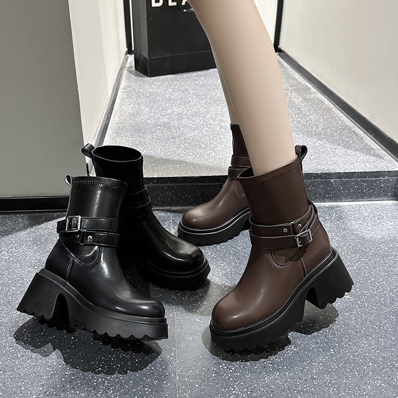 Women's For Height Increasing Skinny Belt Buckle Round Head Slip-on Boots