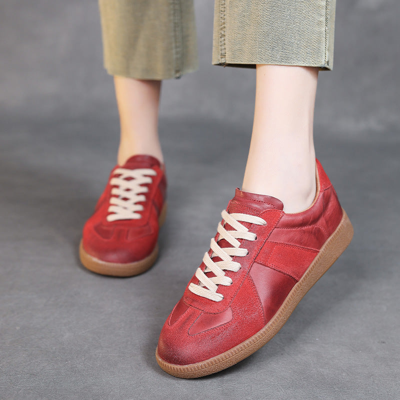 Layer Cowhide Handmade Retro German Training Round Toe Women's Sports Shoes