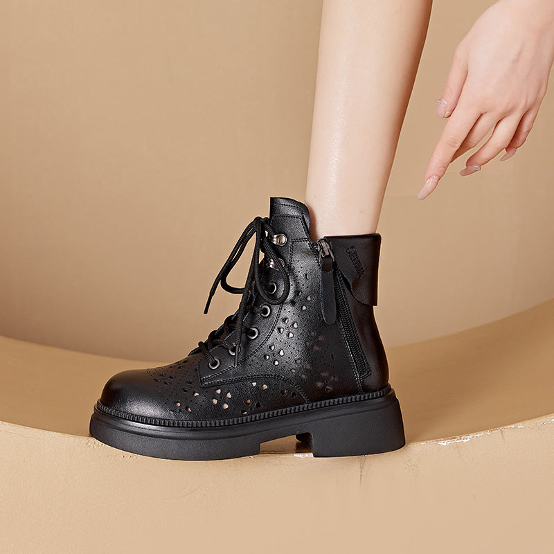 Women's Authentic Hollow Out Martin Thick-soled Korean Women's Leather Boots