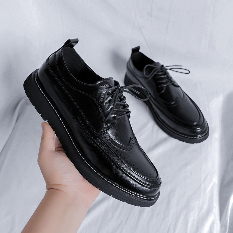 Men's Black Brogue Korean Style Trendy British Leather Shoes