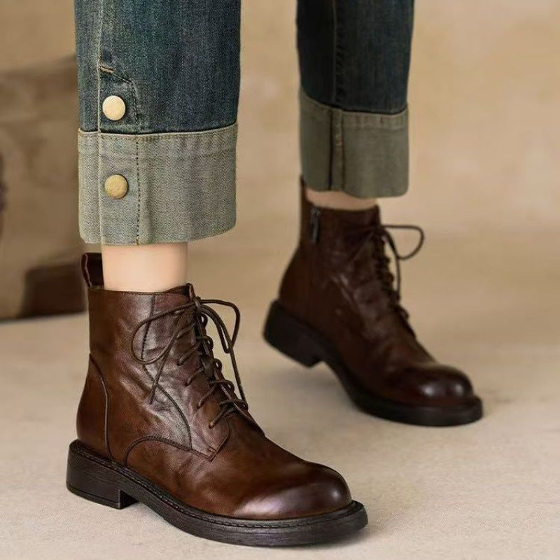 Women's Lace Up Martin For Mid British Style Round Toe Women's Leather Boots