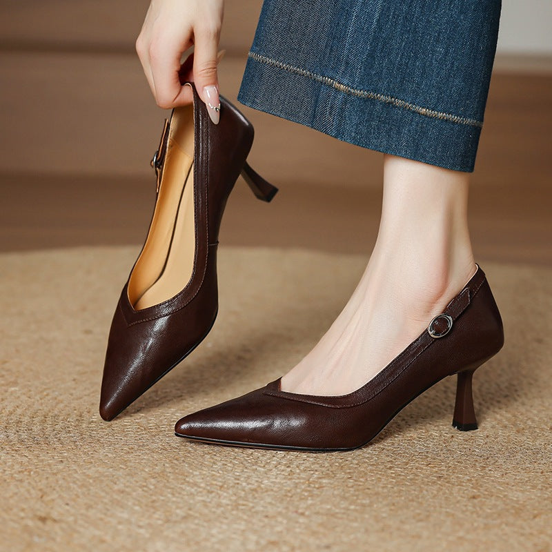 Women's Stiletto High Sheepskin Pointed Toe Low-cut Plus Heels