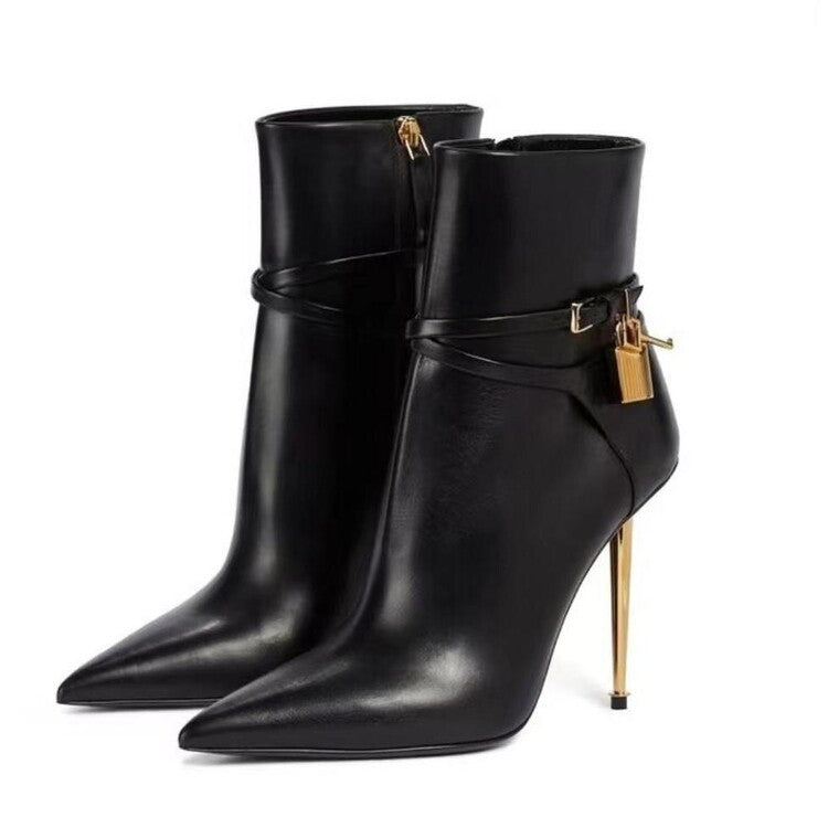 Metal Texture Stiletto Lock Slim Fit Women's Leather Boots