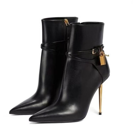 Metal Texture Stiletto Lock Slim Fit Women's Leather Boots