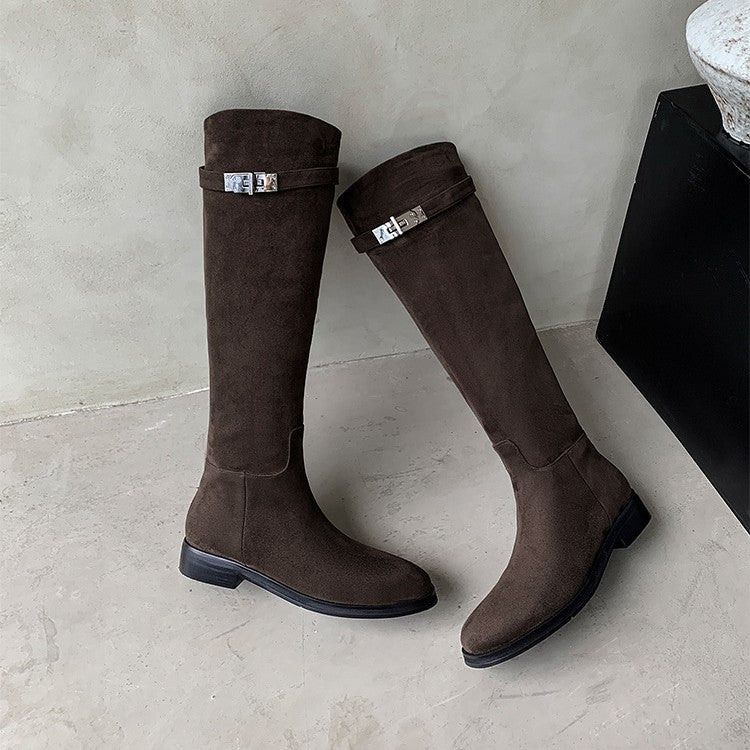 Oblique Lock Tall Knight Round Head Women's Leather Boots