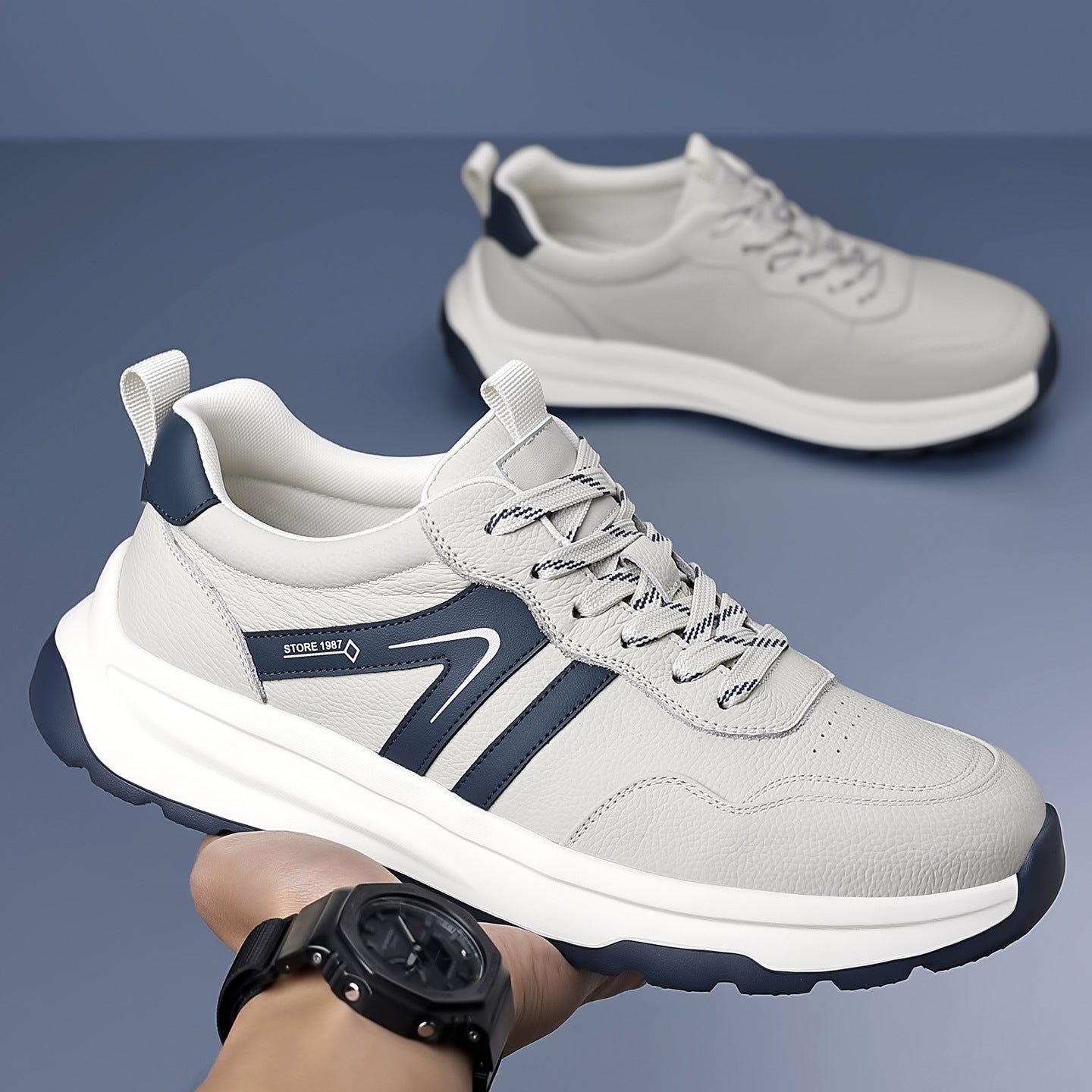 Men's Top Layer Cowhide Korean Style White Flat Lightweight Breathable Casual Shoes