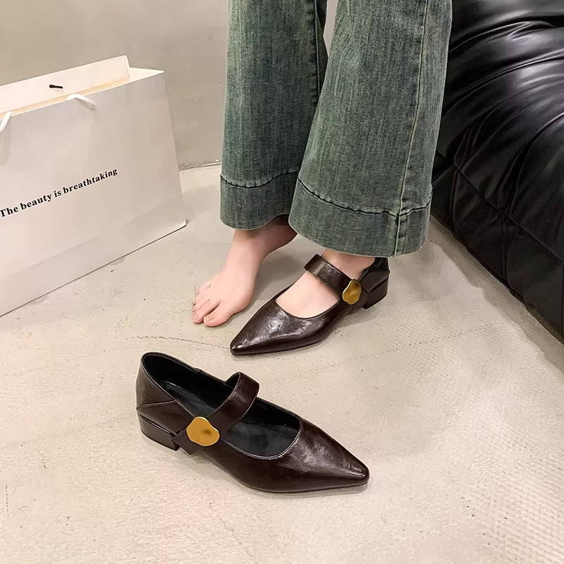 Women's Cowhide Mary Jane French Chunky Velcro Shallow Women's Fashion Shoes