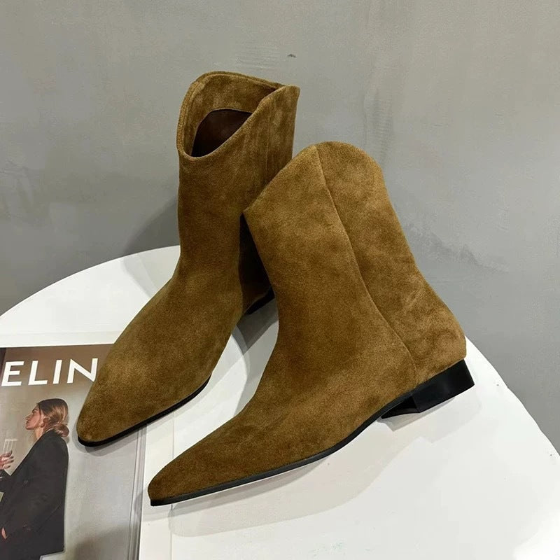 Women's Sheepskin Version Minimalist Suede Pointed Flat Skinny Short Fleece-lined Western Women's Leather Boots