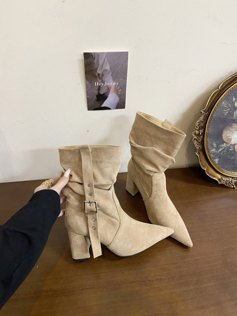 Version Western Cowboy Rivet Pointed Toe Chunky Knight Women's Leather Boots