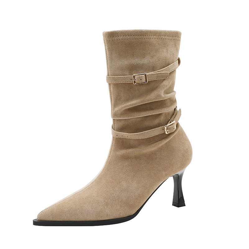 Women's Khaki Suede Pointed Stiletto Short Small Pleated Pile Women's Leather Boots