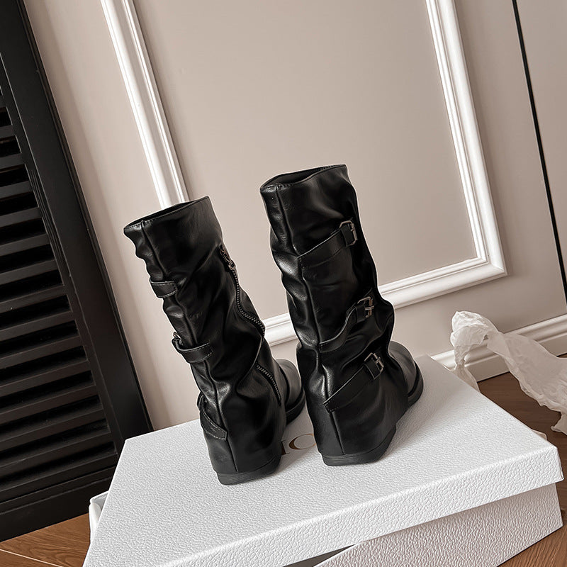 Women's Middle Outer Wear Retro Punk Side Zipper Pants Western Style Women's Leather Boots