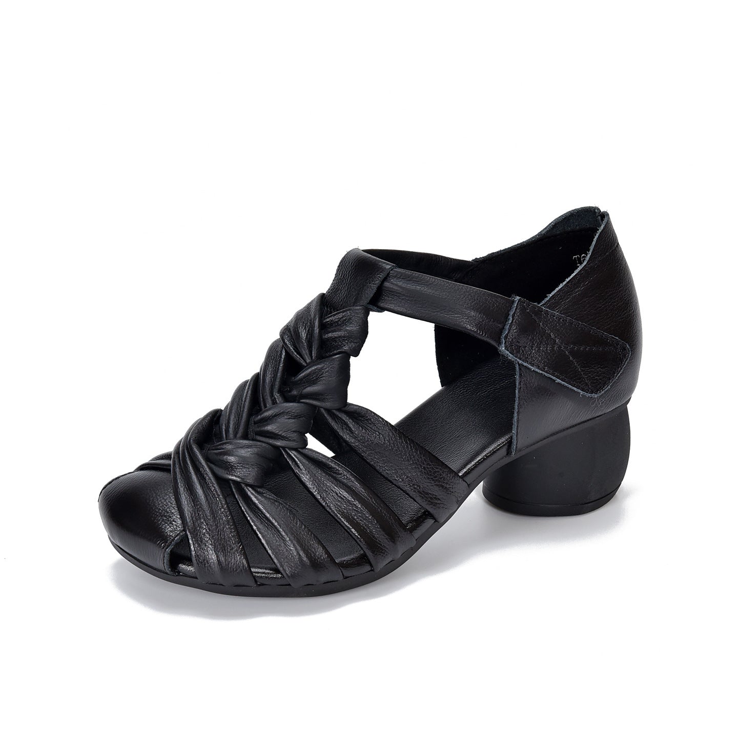 Women's Cowhide Handmade Woven Hollowed Chunky Mid Toe High Heeled Sandals