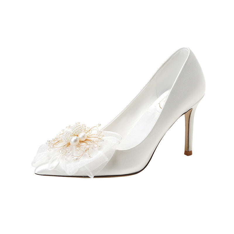 Women's Sweet Bow Bridal White Wedding Dress Champagne Bridesmaid Heels