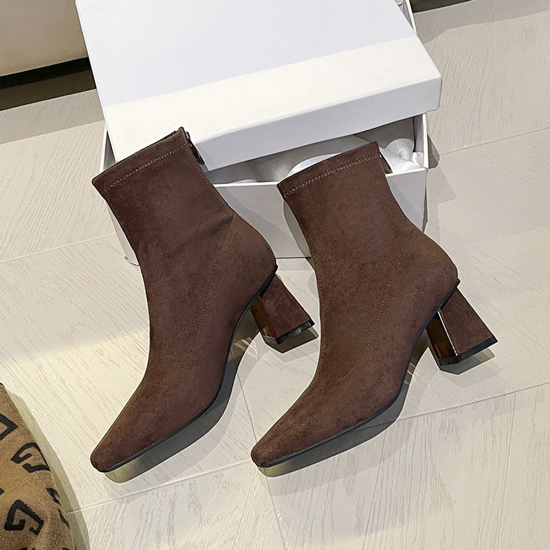 Women's French Retro Cashmere Stitching Square Toe High Short Thick Women's Leather Boots