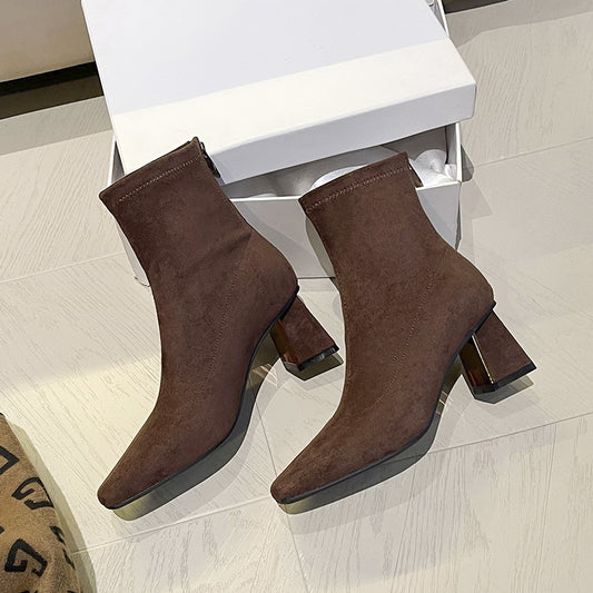Women's French Retro Cashmere Stitching Square Toe High Short Thick Women's Leather Boots