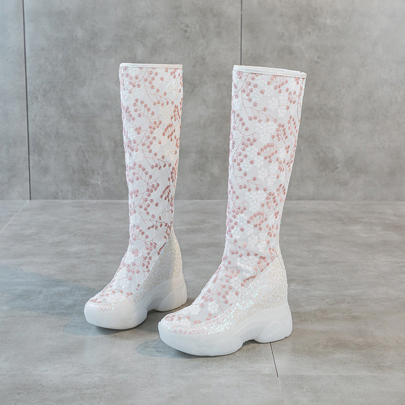 Women's Insole Embroidered Back Zipper Small Slim Below The Women's Leather Boots