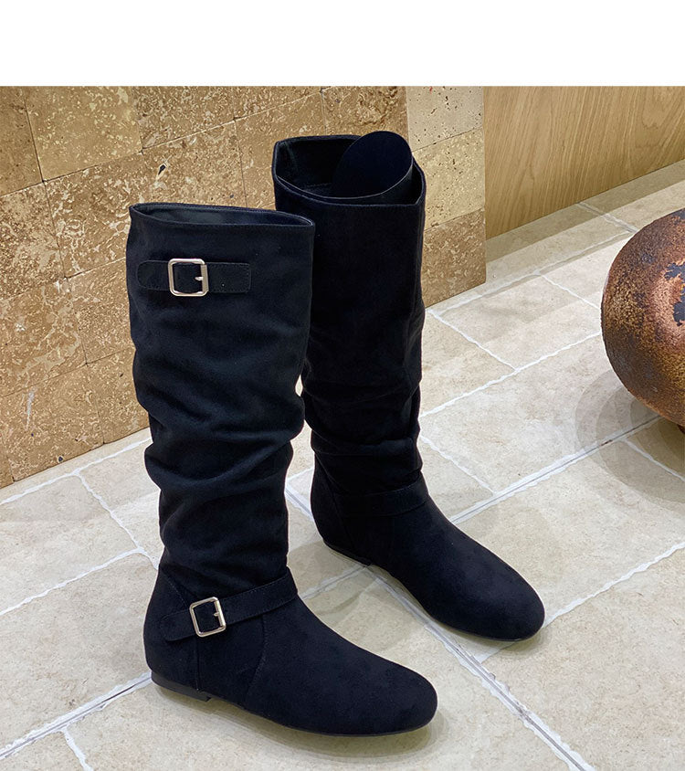 Women's Western Cowboy Korean Round Head Buckle Women's Leather Boots