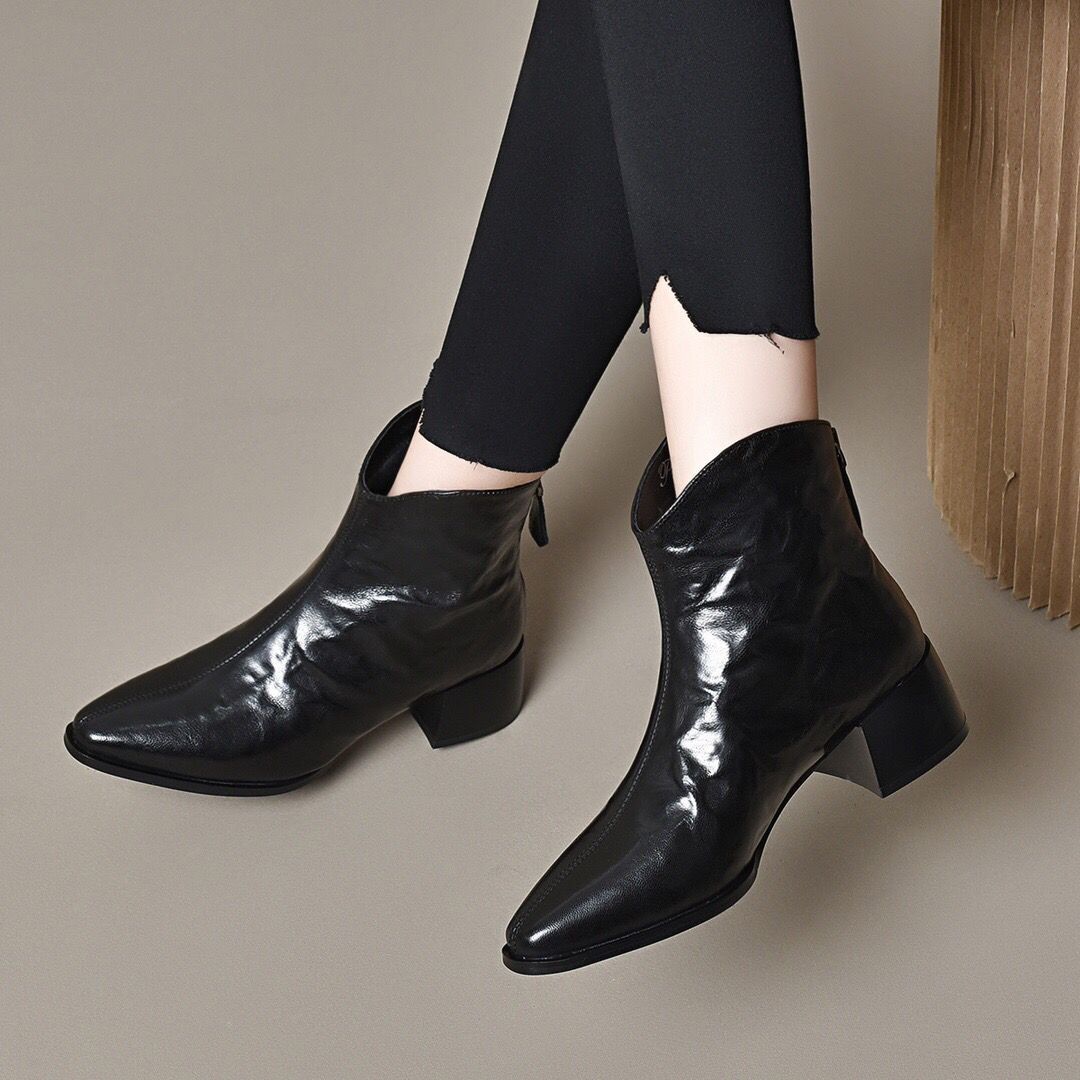 Women's & Men's Booties Soft Bottom Thick Brown Pointed Women's Leather Boots
