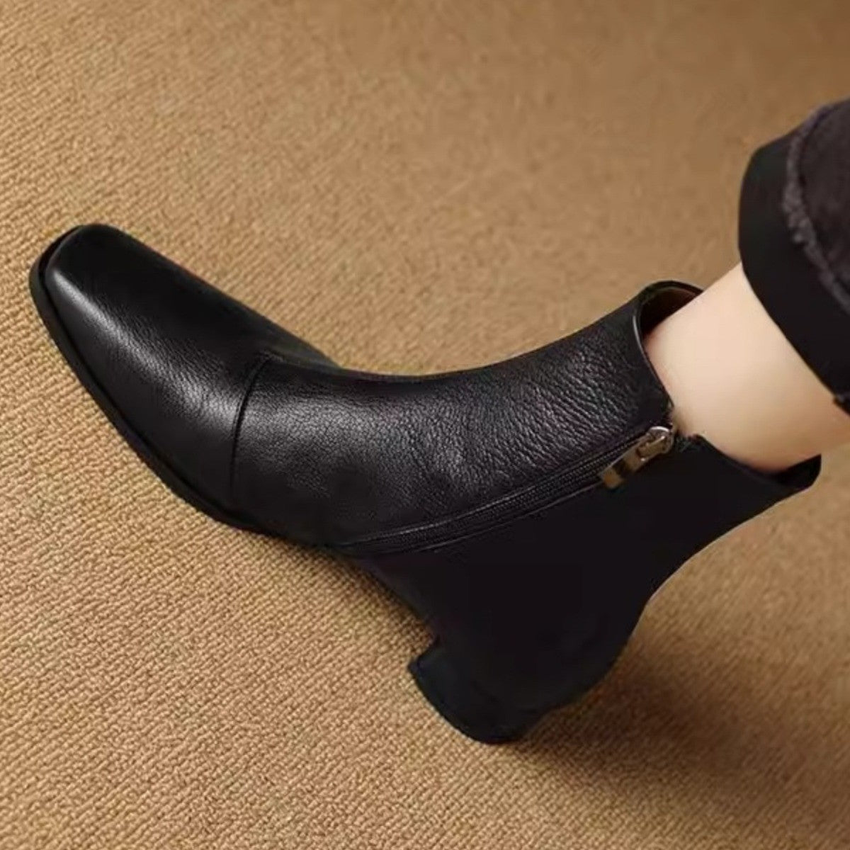 Women's Black Retro Ankle French Square Toe Chunky Women's Leather Boots