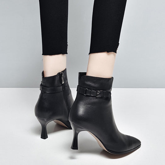 High Design Temperament Booties Pointed Stiletto Genuine Women's Leather Boots