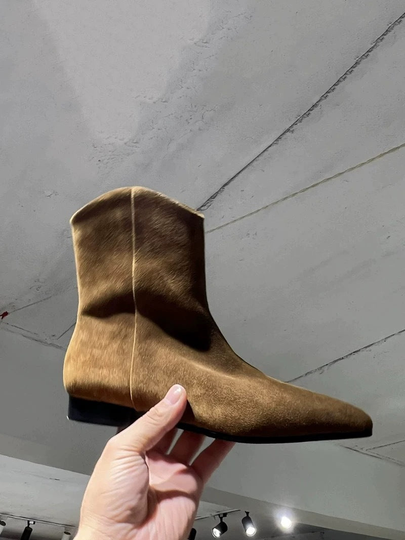 Women's Sheepskin Version Minimalist Suede Pointed Flat Skinny Short Fleece-lined Western Women's Leather Boots