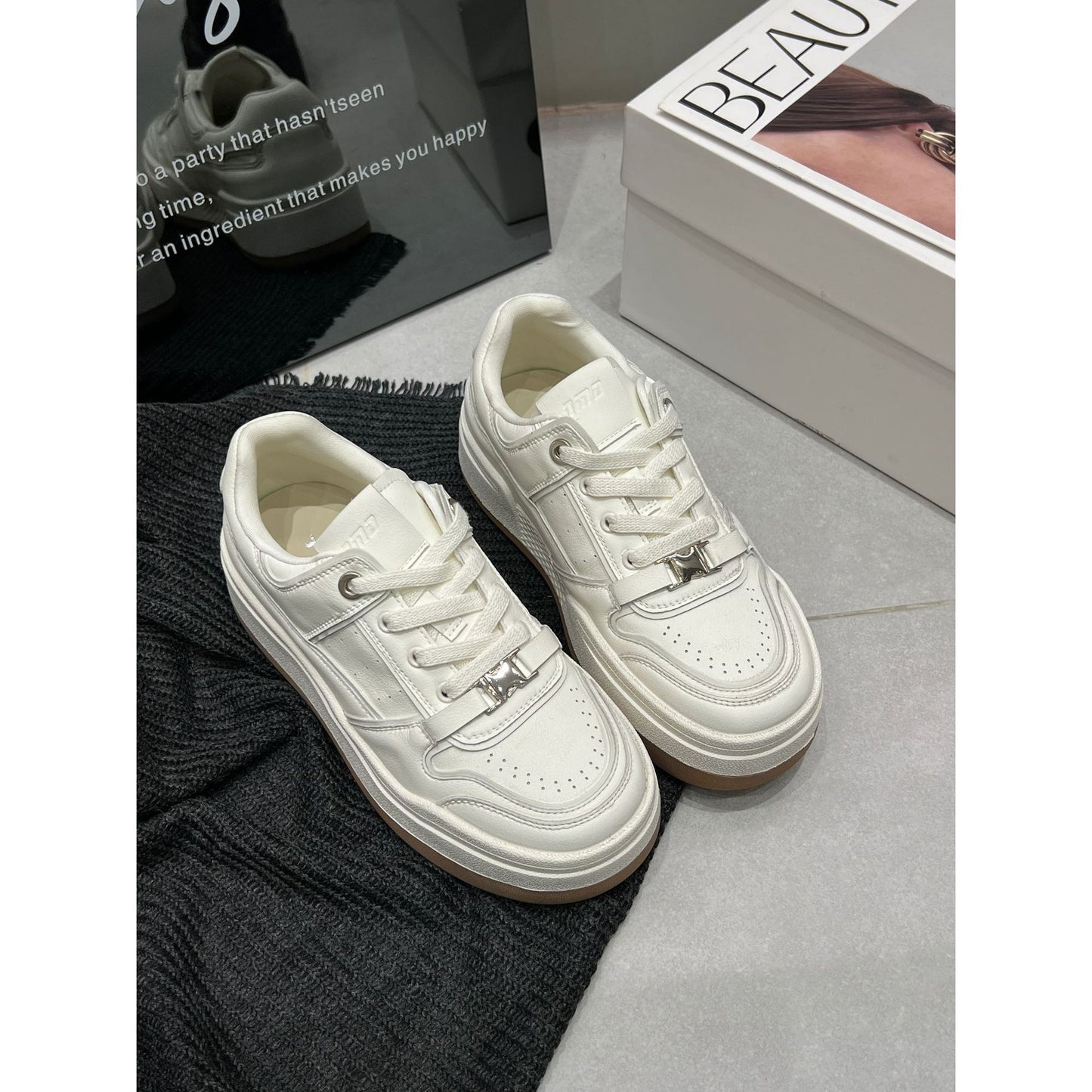 Women's One Mien Old Genuine Thick Sole Height Increasing White Skate Sports Casual Shoes