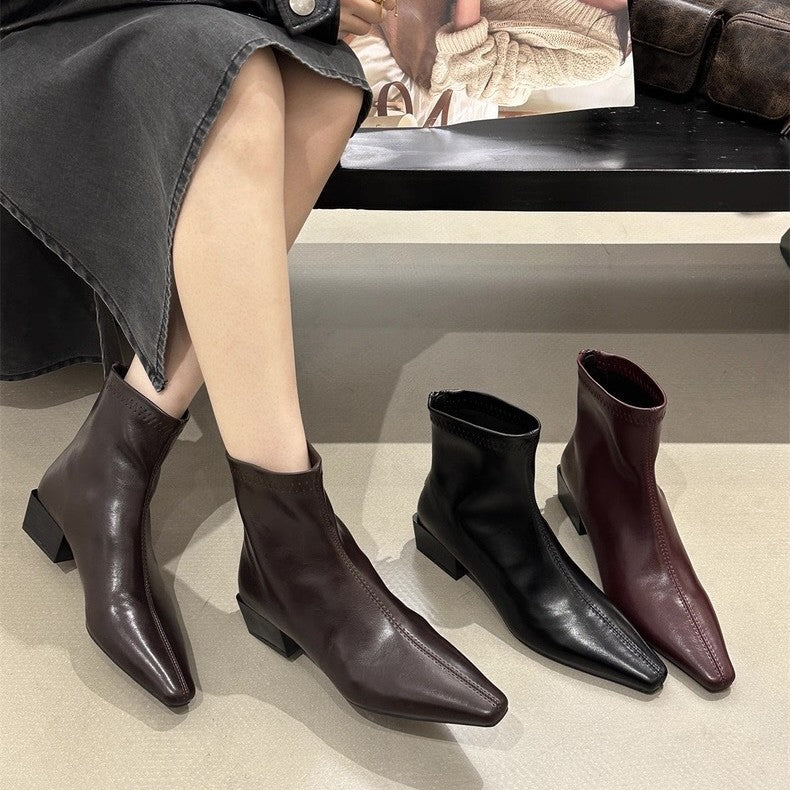 Women's Cherry Red Square Toe Chunky Chelsea Smoke Pipe Short Motorcycle Women's Leather Boots