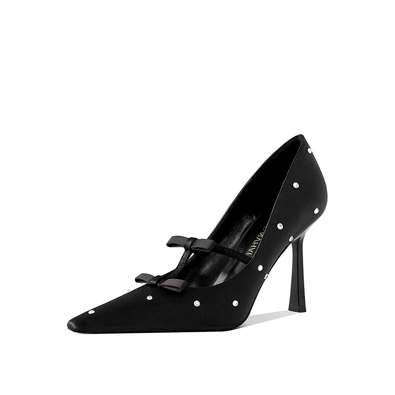 Women's Style Temperament Bow Black Crystal Pumps Women's Shoes