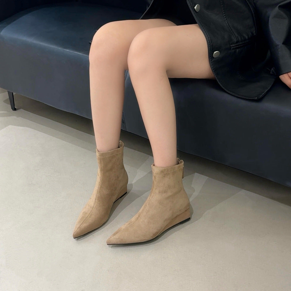 Women's Pointed Toe Back Zipper High-heeled Skinny High-grade Wedge Women's Leather Boots