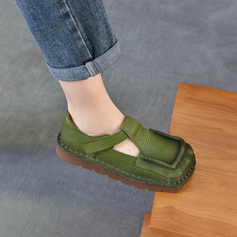 Women's First Layer Of Cowhide Soft Bottom Surface Square Toe Flat Women's Shoes