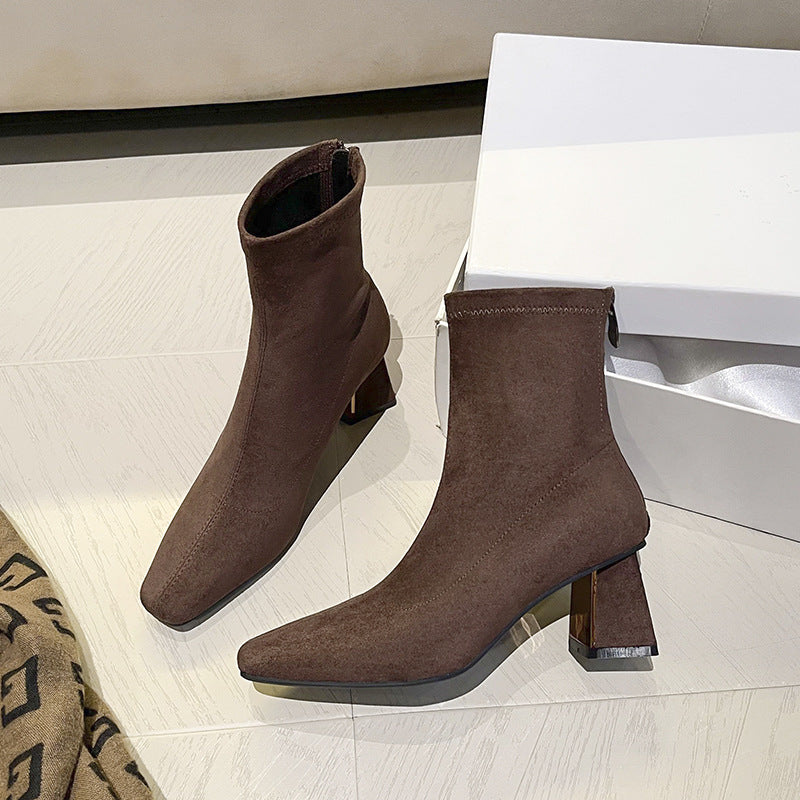Women's French Retro Cashmere Stitching Square Toe High Short Thick Women's Leather Boots