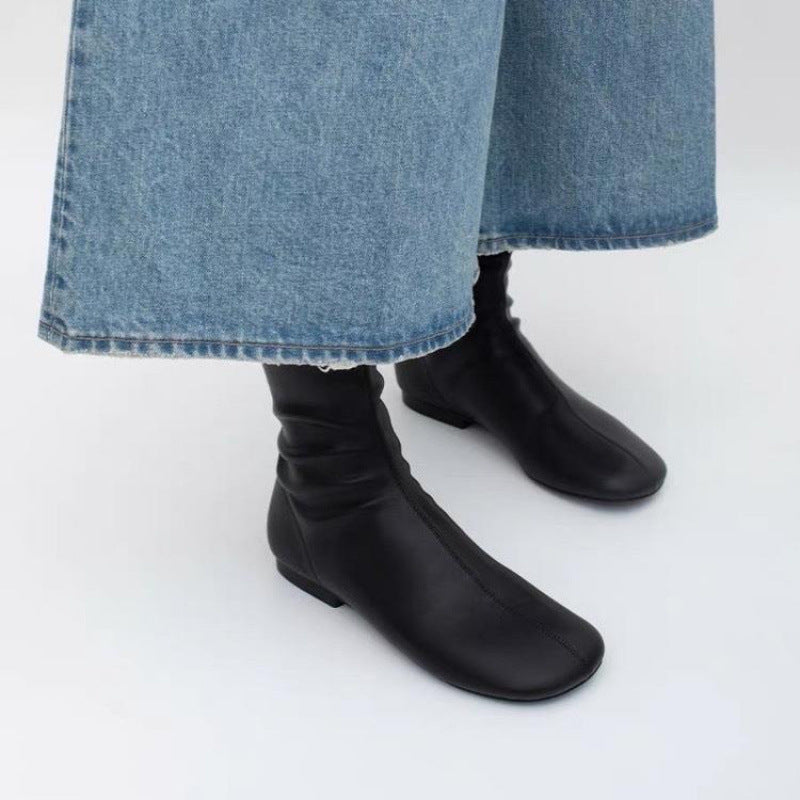 Women's Fashion Square Toe Booties Elastic Pleated Soft Women's Leather Boots