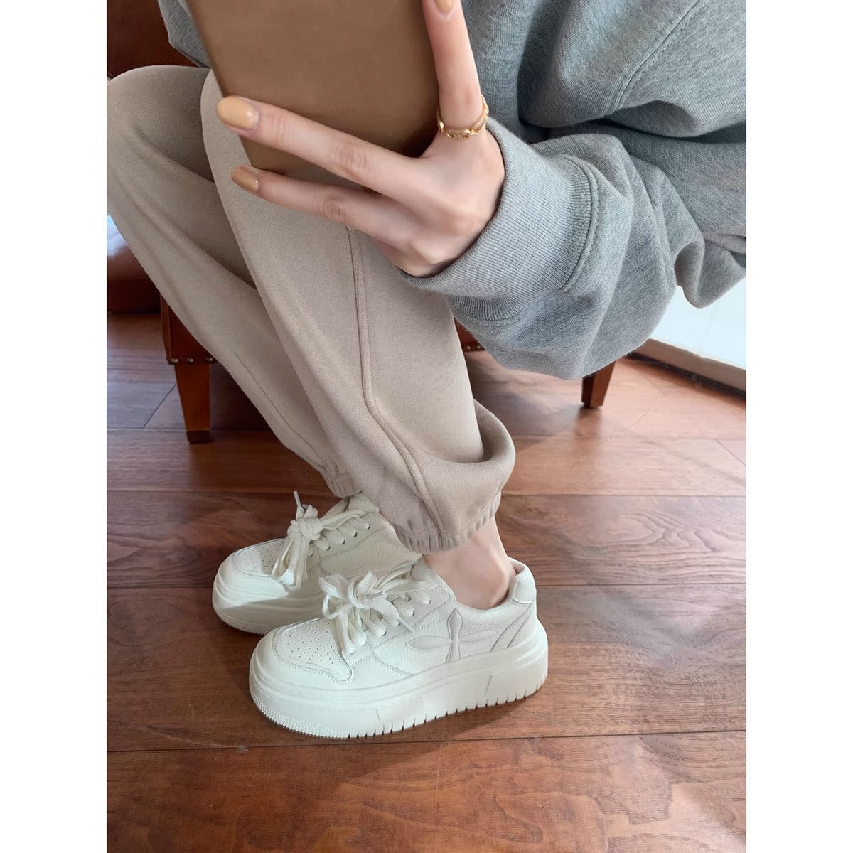 Women's Insole Genuine Platform Flat-heeled Round Toe White Small Women's Casual Shoes