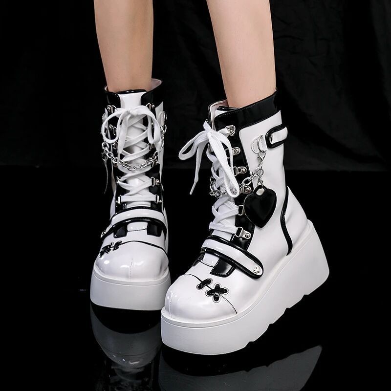 Thick Bottom Punk Motorcycle Platform Middle Women's Leather Boots