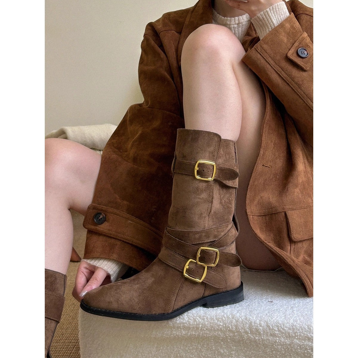 Buckle Matte Handsome Motorcycle Female Retro Slimming Women's Leather Boots