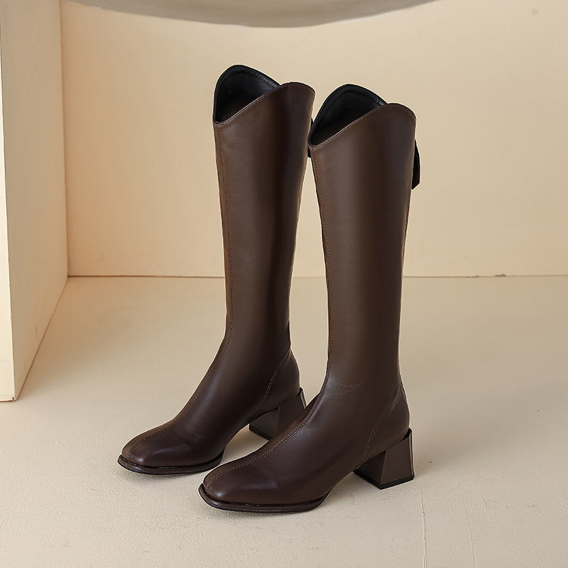 Women's Elastic Square Toe Chunky V Cut Back Zipper Slimming Below Women's Leather Boots