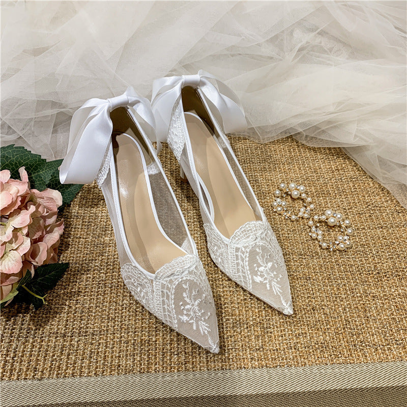 Women's Lace Bridesmaid White Pointed High Stiletto Design Sense Women's Fashion Shoes