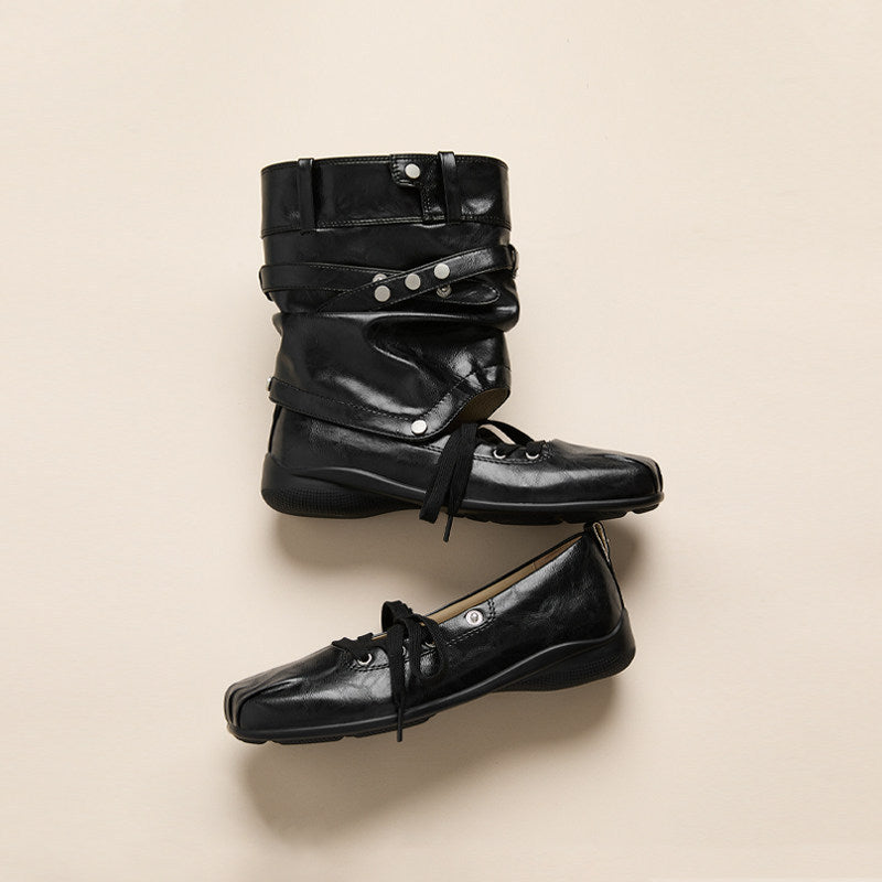 Women's Style Retro Square Toe Belt Buckle Detachable Two-way Thick Women's Leather Boots