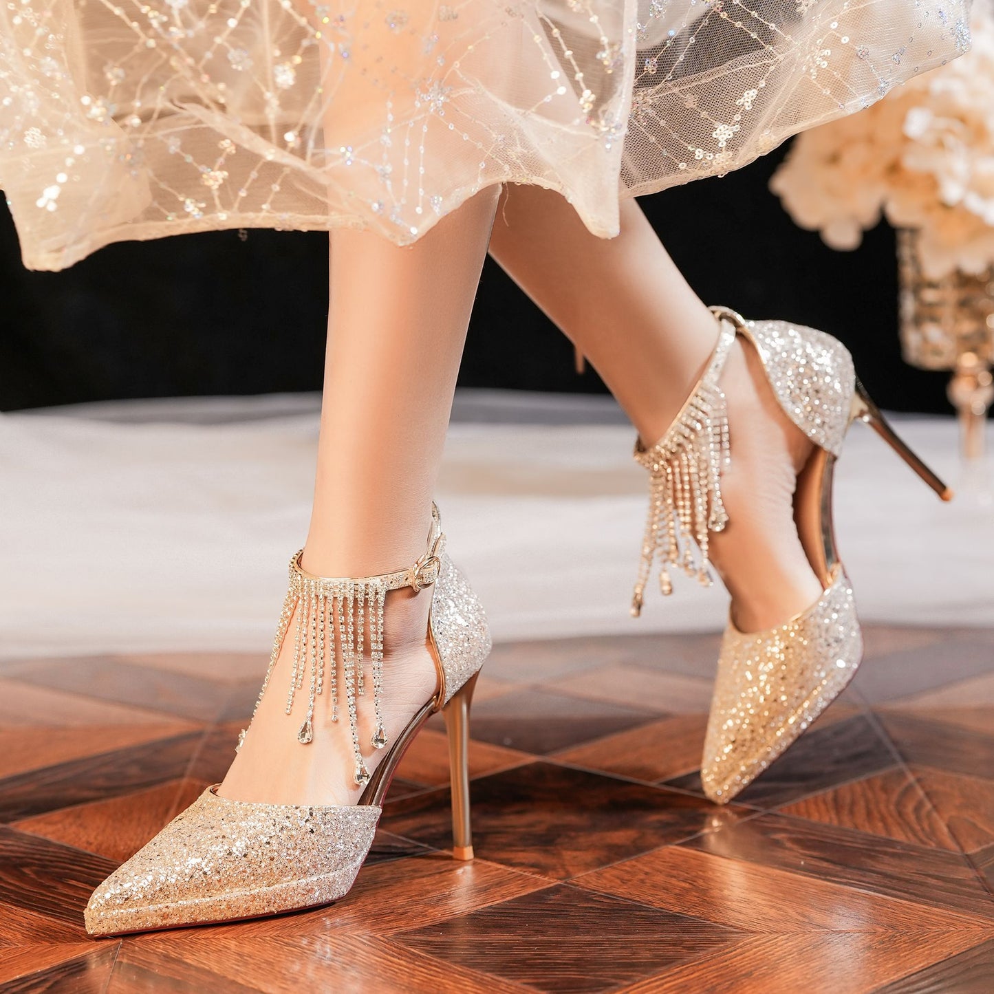Crystal Tassel Rhinestone One-word With Waterproof Platform Women's Fashion Shoes