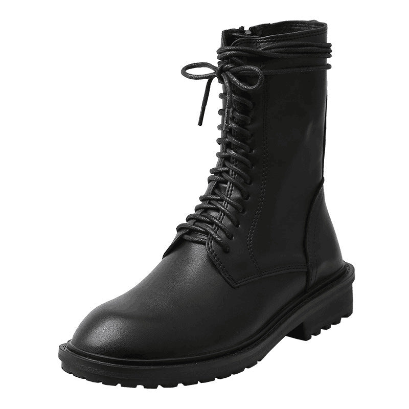 Women's Style Black Tie Chunky Ankle Motorcycle Women's Leather Boots