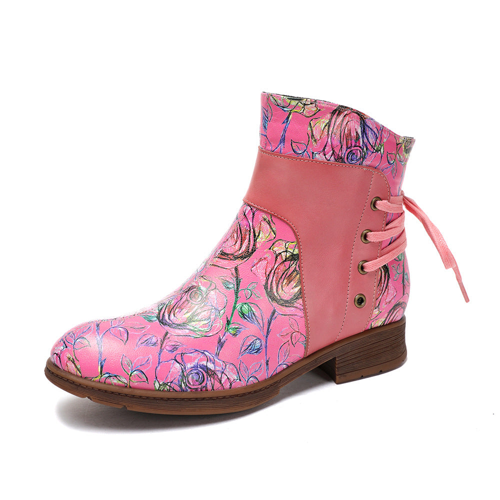 Blue Meng Die Sheepskin Cowhide Rose Hand-rub Color Women's Leather Boots